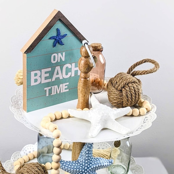 Beach Themed Tiered Tray Decor | Nautical | Coastal | Wooden Beads | Beach Wood Signs | Natural Jute Decor | Blue and White Decor | Summer