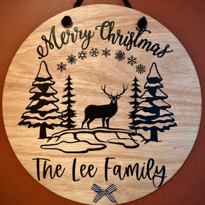 Merry Christmas Sign, Personalized Family Christmas, Deer Sign, Round Christmas Sign, Custom Christmas Gift, Winter Scene Sign, Hunter Gift