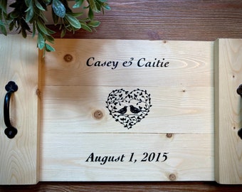 Personalized Wood Serving Tray with Handles, Farmhouse Serving Tray, Breakfast In Bed Tray, Customized Wedding Gift, Bridal Shower Gift