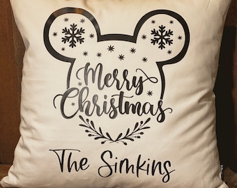 Merry Christmas Pillow, Personalized Family Name, Decorative Pillow, Christmas Gift, Disney Fan Gift, Mouse Ears, Custom Name Pillow, Gift