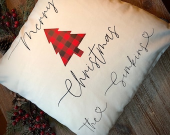 Merry Christmas Pillow, Personalized Family Name, Decorative Pillow, Christmas Gift, Custom Name Pillow, Christmas Tree, Family Name Pillow