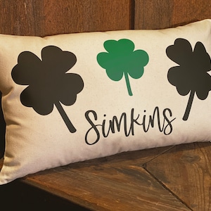 Personalized Irish Clover Family Name Pillow, St. Patrick&#39;s Day Pillow, Four And Three Leaf Clovers, 12x20 Cotton Canvas Pillow, Irish Gift