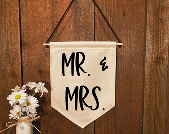Mr. & Mrs. Wedding Natural Cotton Canvas Sign, Black Cotton Canvas Sign, Wedding Gift, Bridal Shower Gift, Wedding Decor, Flag Pennant Sign