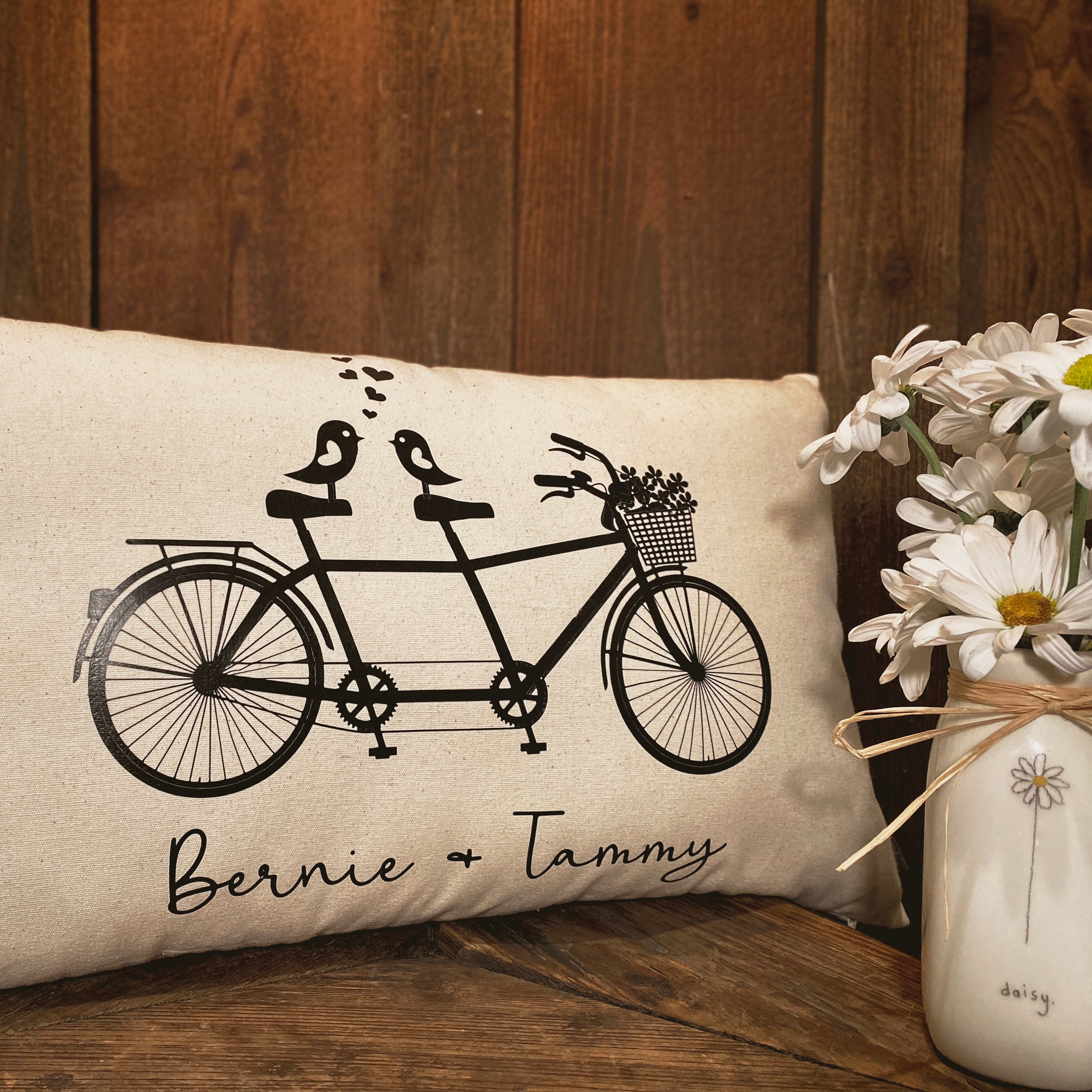 Personalized Couple's Name Pillow, 12x20 Natural Cotton Canvas Pillow, Custom Pillow, Bicycle For Two, Wedding Pillow, Bridal Shower Gift