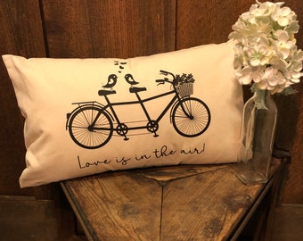 Love Is In The Air Pillow, Two Love Birds Live Here Pillow, 12x20 Natural Cotton Canvas Pillow, Custom Pillow, Bicycle For Two, Wedding Gift
