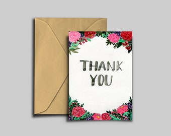 Vielen Dank - Karte mit Umschlag; Geschenk, Grußkarte, Postkarte, Blumen, Handlettering, Botanik