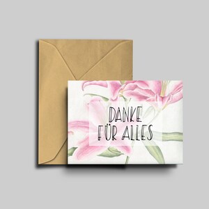 Danke für alles Karte; Muttertag, Vatertag, Hochzeit, Dankeschön, Vielen Dank, Blumen, Botanik, Lettering