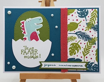 Carte anniversaire pour petit garçon, carte dinosaure petit garçon, carte anniversaire dinosaure personnalisable, carte dinosaure fait main.