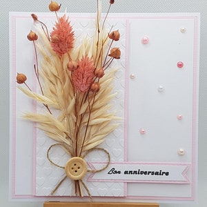 Carte anniversaire champêtre, carte champêtre, carte anniversaire fleurs séchées, carte fleurs séchées, carte bouquet de fleurs.