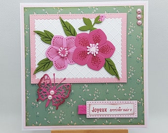 Carte anniversaire femme avec fleurs, carte anniversaire fleurs, carte fleurs fait main, carte cadeau avec fleurs, carte fleurs fait main.