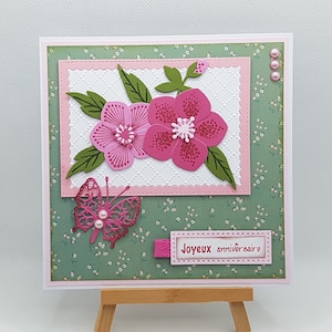 Carte anniversaire femme avec fleurs, carte anniversaire fleurs, carte fleurs fait main, carte cadeau avec fleurs, carte fleurs fait main.