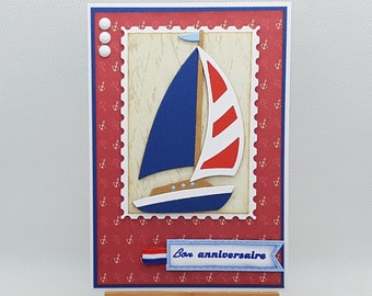 Carte anniversaire voilier, carte voilier fait main, carte anniversaire bateau, carte bateau fait main, carte anniversaire tricolore.