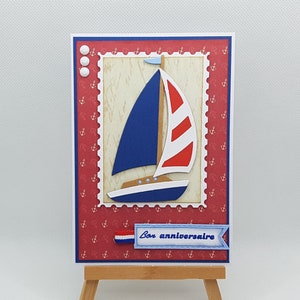 Segelboot-Geburtstagskarte, handgemachte Segelboot-Karte, Boot-Geburtstagskarte, handgemachte Bootskarte, dreifarbige Geburtstagskarte.
