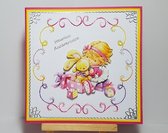 Carte anniversaire fille brodée, carte anniversaire petite fille, carte anniversaire fille 3D, carte anniversaire petite fille 3D.