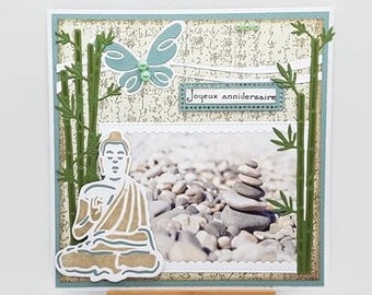 Carte anniversaire méditation, carte méditation fait main, carte anniversaire bouddha, carte bouddha fait main, carte jardin zen, carte zen.