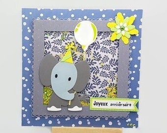Handmade little boy birthday card, 2 year old boy birthday card, 3 year old boy birthday card, elephant birthday card.