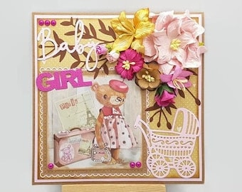 Girl birth congratulations card, vintage girl birth card, little girl birth card, handmade girl birth card.