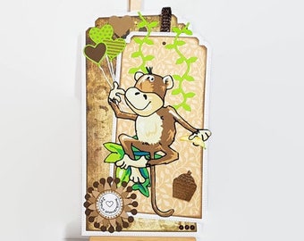 Carte anniversaire garçon, carte anniversaire singe, carte anniversaire enfant, carte anniversaire garçon fait main, carte singe.