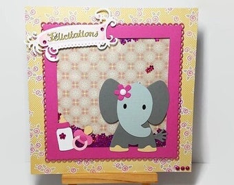 Carte naissance fille à secouer, carte à secouer fille, carte félicitations naissance fille, carte naissance éléphant, carte naissance fille