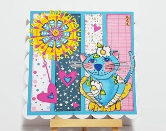Carte anniversaire fille, carte anniversaire chat fait main, carte anniversaire fille fait main, carte anniversaire chat, carte chat.