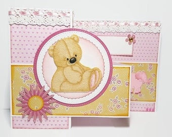 Handgemachte Mädchen-Geburtskarte, Mädchen-Geburtskarte, Geburtskarte mit Bär, Mädchen-Glückwunschkarte, Mädchen-Geburtsgeschenk.