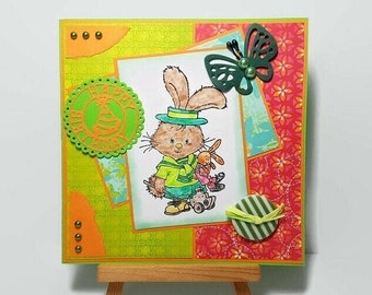 Kleine jongen verjaardagskaart, jongen verjaardagskaart met konijn, konijn verjaardagskaart, verjaardagskaart voor jongen.