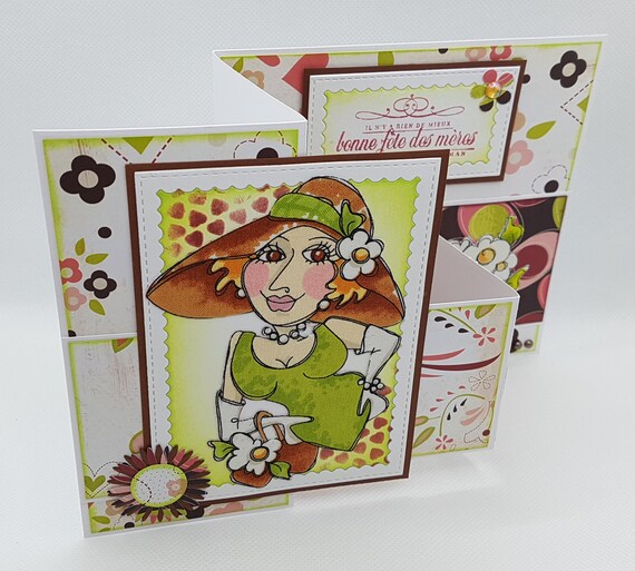 Carte fête des mères originale fait main – carte maman pliante scrapbooking avec fleurs et illustration – idée cadeau maman unique
