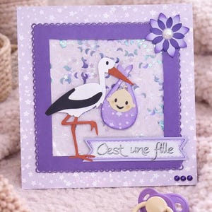 Può includere: Un biglietto di annuncio nascita fatto a mano con una cicogna che trasporta un bambino in un fagotto viola. Il biglietto presenta un fiore viola, la scritta "C'est une Fille" e un ciuccio viola. Il biglietto è decorato con motivi a stella.