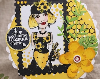 Original handmade Mother's Day card – artistic yellow and black mom card with woman illustration – unique gift for mom