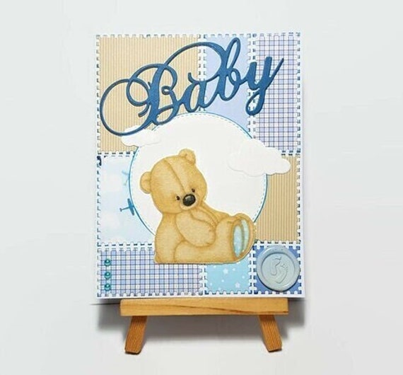 Carte de bébé (garçon), carte de félicitations pour la naissance avec Vichy  Karo en bleu, bébé et animaux en peluche: Un petit garçon! Quelle joie!
