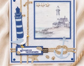 Seaside birthday card for men – Handmade nautical lighthouse card – Nautical themed birthday card – Nautical gift idea