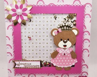 Carte anniversaire à secouer pour petite fille, carte anniversaire petite fille, carte anniversaire ours, carte anniversaire à secouer.