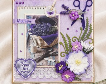 Handmade lavender Mother's Day card – romantic purple floral card with flowers and lace – original and elegant gift for mom