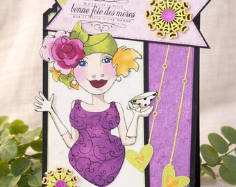 Original handmade Mother's Day card – artistic mom card with illustration of a woman with flowers and a heart – unique gift for mom