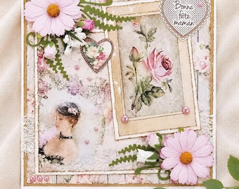 Handmade vintage shabby chic Mother's Day card – romantic floral mom card – unique and elegant gift for mom