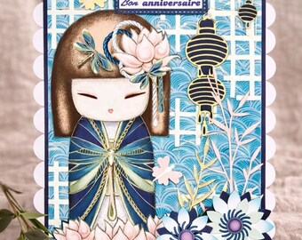 Handmade birthday card for a girl - Kokeshi card - Japanese card - birthday card for women - gift idea for women - handcrafted card