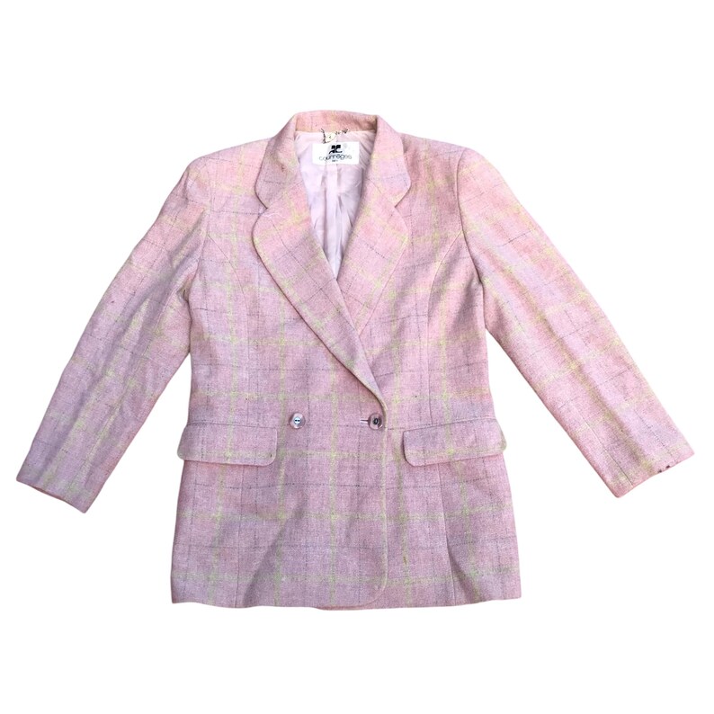 May include: A pink and white plaid blazer with a double breasted closure and a single pocket on the left side.