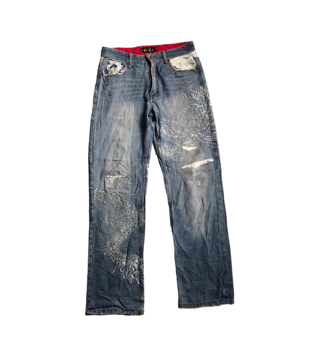 RARE FUGUTAITEN Distressed Denim Embroidered Denim Pants - Etsy