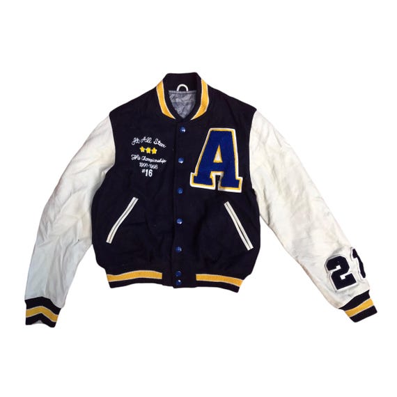 ジャケット・アウター 80s usmade Sleeve leather stadium jumper LONE STAR Leather Stadium Jacket Size S Navy x Gray VINTAGE