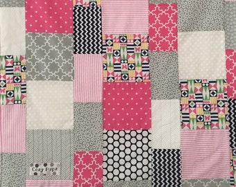 Pink, Navy + Gray handmade quilted dog blanket; for every one purchased, one will be donated to a rescue dog!