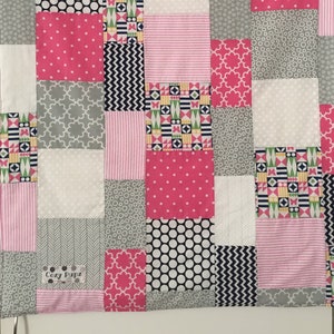 Pink, Navy Gray handmade quilted dog blanket for every one purchased, one will be donated to a rescue dog image 1