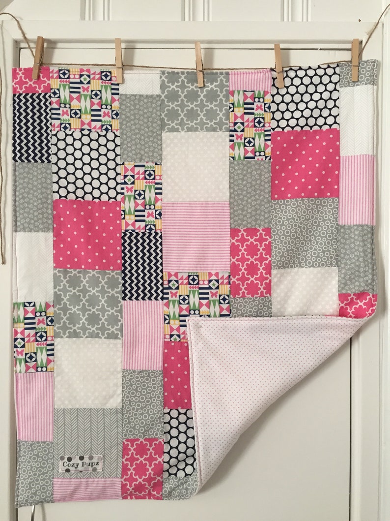 Pink, Navy Gray handmade quilted dog blanket for every one purchased, one will be donated to a rescue dog image 2