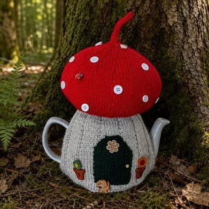 May include: A ceramic teapot covered in a hand-knitted cosy designed to look like a mushroom house. The top is a bright red cap with white buttons and a ladybird, while the base is light grey with a dark green door and small flower pots.