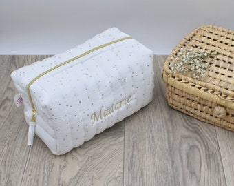 Trousse de toilette matelassée personnalisable - Double gaze blanche à pois dorés