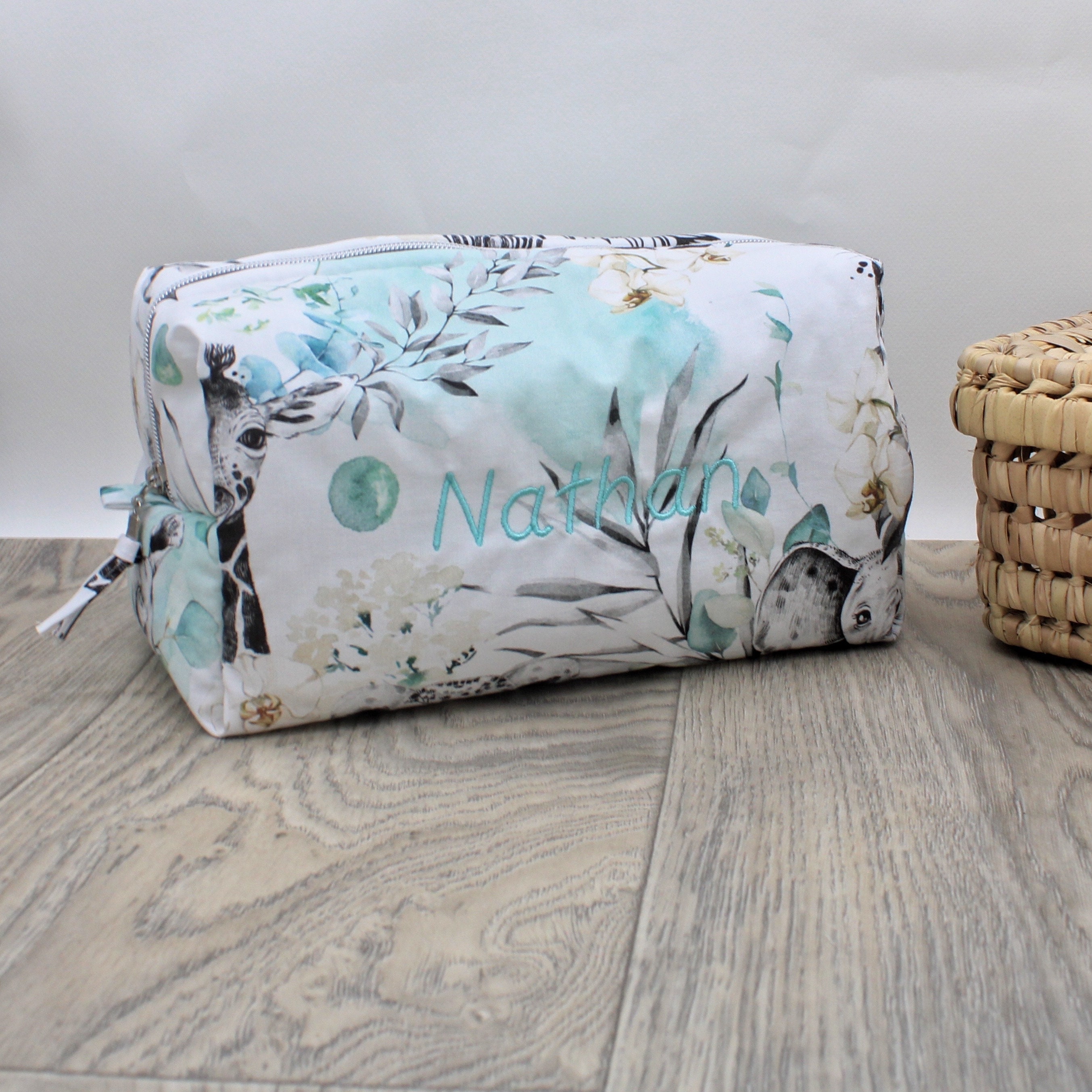 Customizable quilted toiletry bag - Safari collection in water green