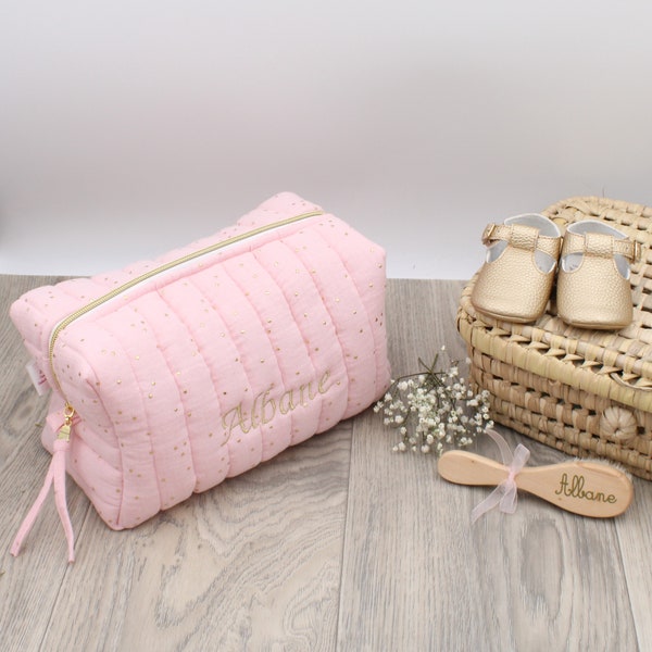 Trousse de toilette matelassée personnalisable - Double gaze rose poudré à pois dorés