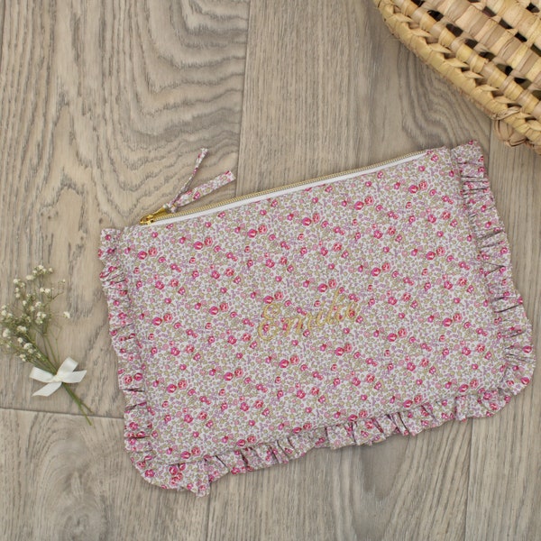 Pochette / trousse plate matelassée à volant - Liberty Eloïse rose