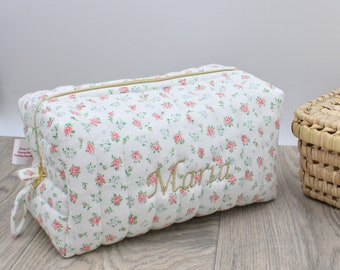 Trousse de toilette matelassée personnalisable fleurs roses