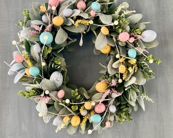 Lambs Ear Eucalyptus Easter Egg Wreath: Spring Farmhouse Decor