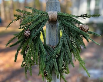 Mini Norfolk Pine Christmas Wreath, Cascading Chair Accent, Farmhouse Rustic Decor